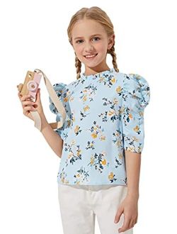 Girl's Floral Print Puff Short Sleeve Mock Neck Summer Blouse Tops Kids Clothes