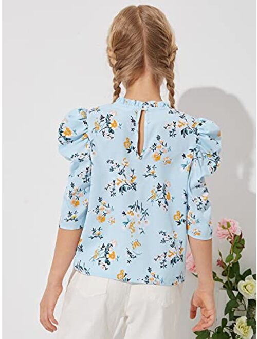 Romwe Girl's Floral Print Puff Short Sleeve Mock Neck Summer Blouse Tops Kids Clothes