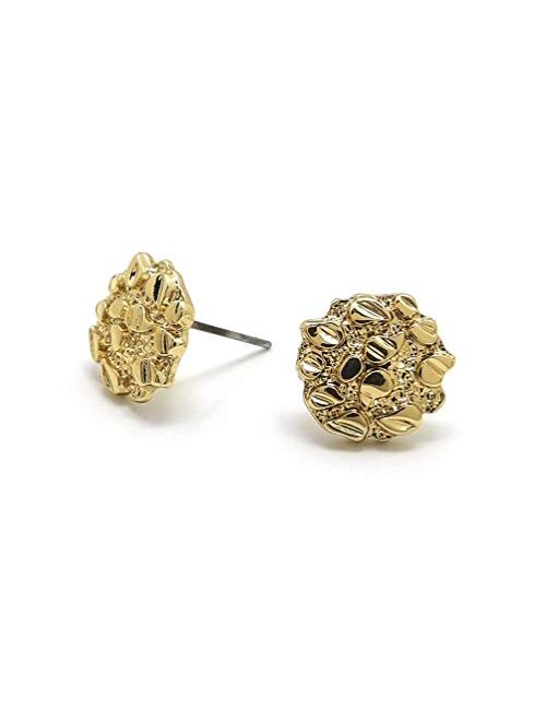 Unisex Rough Textured Cookie Nugget Stud Pierced Earring in Gold Tone
