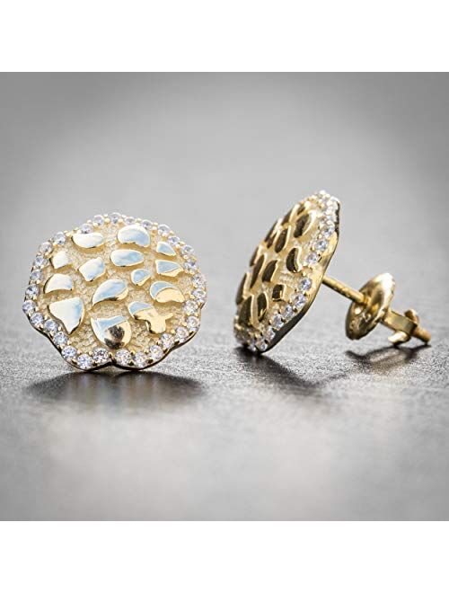 14K Gold Plated Sterling Silver Round Hip Hop Ice Out Nugget Stud Screw Back Earrings For Men