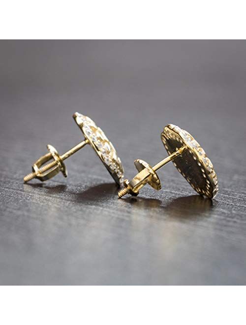 14K Gold Plated Sterling Silver Round Hip Hop Ice Out Nugget Stud Screw Back Earrings For Men