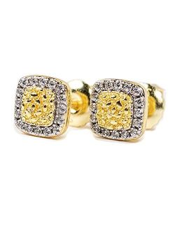 Mens Small 3D Square Iced Cz 14K Gold Sterling Silver Nugget Hip Hop Stud Earrings