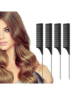 4Pcs Tail Comb 9 Inch, Black Carbon Fiber and Stainless Steel Pintail Teasing Comb, Heat Resistant Rat Tail Combs Styling Fine Tooth Hair Comb for Salon, Barber Cutting