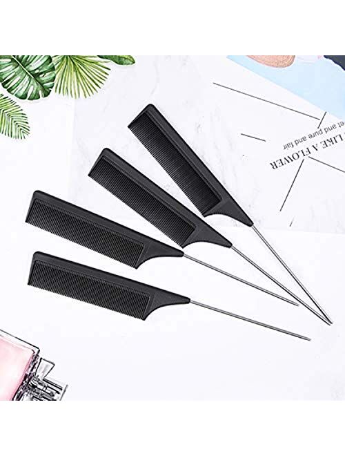 4Pcs Tail Comb 9 Inch, Black Carbon Fiber and Stainless Steel Pintail Teasing Comb, Heat Resistant Rat Tail Combs Styling Fine Tooth Hair Comb for Salon, Barber Cutting