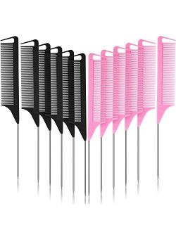 12 Pieces Parting Comb for Braids, Rat Tail Comb Pintail Comb Teasing Combs with Stainless Steel Pintail for Hair Styling Hairdressing (Black, Red)