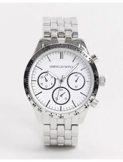 Chunky Bracelet Chronograph Watch With White Dial in Silver Tone