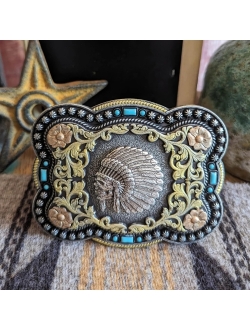 Nocona Boots Men's Standard Indian Chief Skull Floral Scroll Antique Silver Western Belt Buckle 37038, 4" x 3.25"