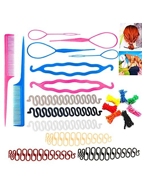 14 pcs Hair Braiding Tool + a bunch of elastic hair bands (10 pieces), Twist hair braid accessories/DIY hair styling tools, ponytail/crown hairstyle/French hairstyle knit