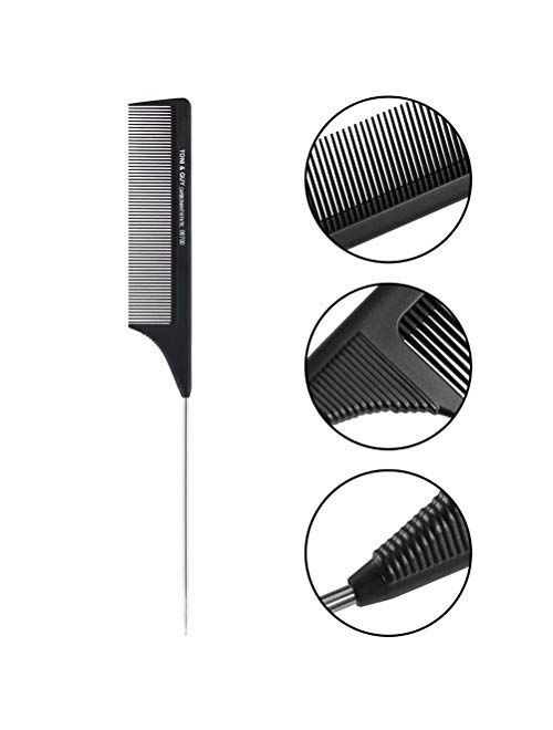 1 Pack Professional Carbon Steel Tail Combs Heat Resistant with Metal Pick, Anti Static Black Styling Rat Tail Hair Comb Fine Teeth, Metal Pintail Teasing Comb Brush