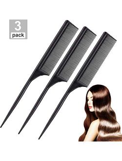 Leinuosen 3 Pack Tail Comb Carbon Fiber Rat Tail Comb Set Heat Resistant Anti Static Styling Tail Comb for Hair Women Back Combing Root Teasing Adding Volume (Black)