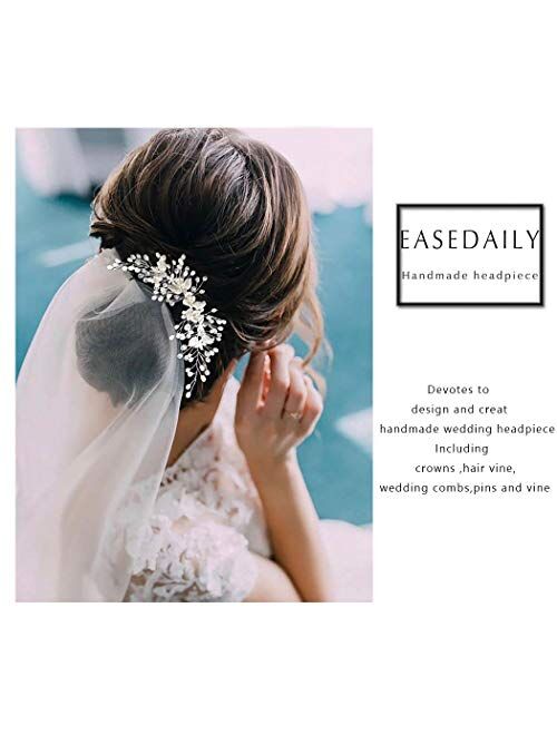 Easedaily Bride Wedding Hair Vine Flower Leaf Headband Pearl Headpieces Crystal Bridal Hair Accessories for Women and Girls (Silver)