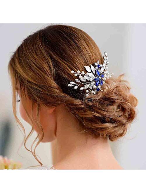 Olbye Wedding Hair Comb Blue Rhinestone Bridal Hair Accessories for Bride and Bridesmaids Wedding Hair Piece Silver