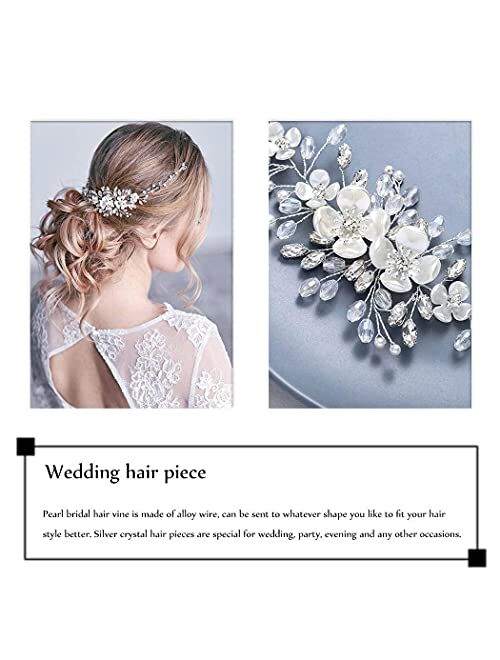 Unicra Bride Flower Wedding Hair Vine Crystal Silver Bridal Hair Piece Pearl Hair Accessories Rhinestone Headpiece for Women and Girls
