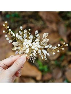 Yean Bride Leaf Bridal Hair Comb Pearl Wedding Hair Piece Rhinestone Hair Accessories for Women and Girls (Silver)