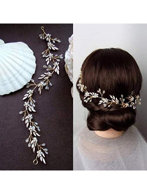 Unicra Leaf Wedding Hair Vine Flower Bridal Hair Piece Crystal Rhinestone Long Headband for Women and Girls (Rose Gold)