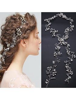 Bridal Headpieces for Wedding , 1.5m Bridal Hair Vines Wedding Silver Extra Long Pearl and Crystal Beads Bridal Hair Accessories Headband Hair pieces for Women and Girls