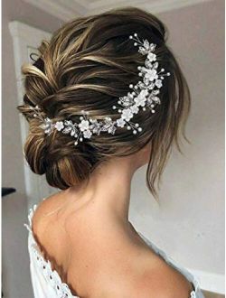 Gorais Flower Bride Wedding Headband Silver Crystal Bridal Hair Accessories Pearl Leaf Hair Piece Hair Vine for Women and Girls