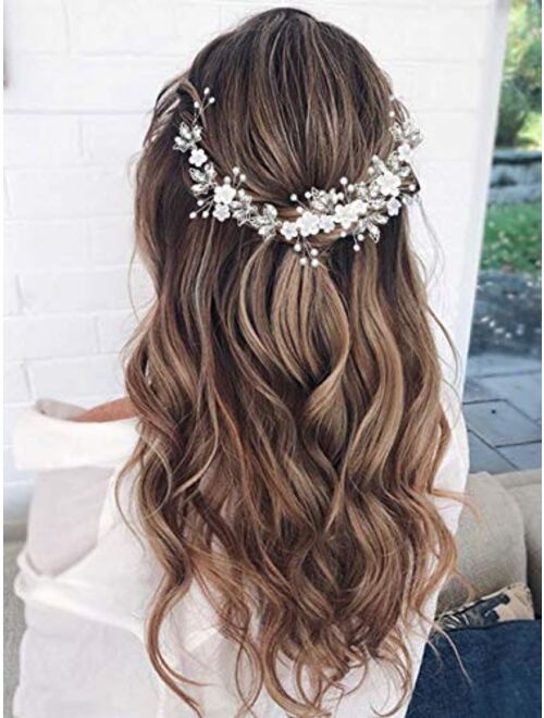 Gorais Flower Bride Wedding Headband Silver Crystal Bridal Hair Accessories Pearl Leaf Hair Piece Hair Vine for Women and Girls