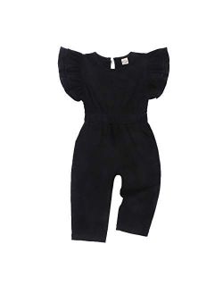 YOUNGER STAR Baby Girl Romper Casual Ruffle Sleeveless Overalls Pants with Pocket Outfits Black Gray Toddler Jumpsuit 6M-4T