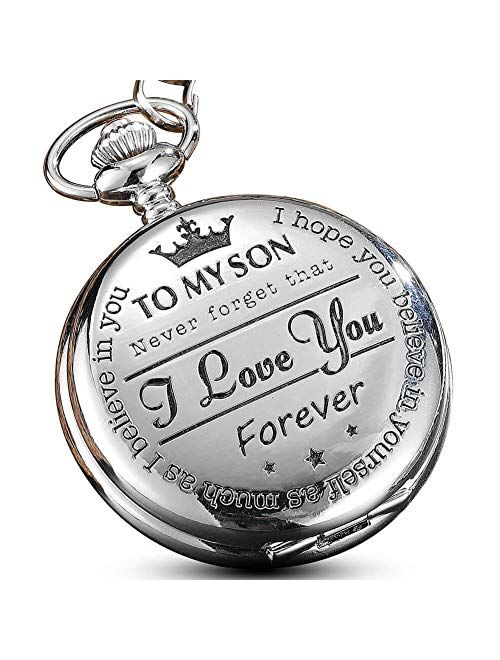 Silver Pocket Watches to My Son Forever from a Mom Dad Engraved Quartz Fob Watches Gift Son Watch for Kids