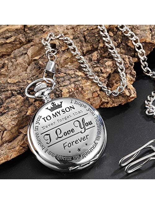 Silver Pocket Watches to My Son Forever from a Mom Dad Engraved Quartz Fob Watches Gift Son Watch for Kids