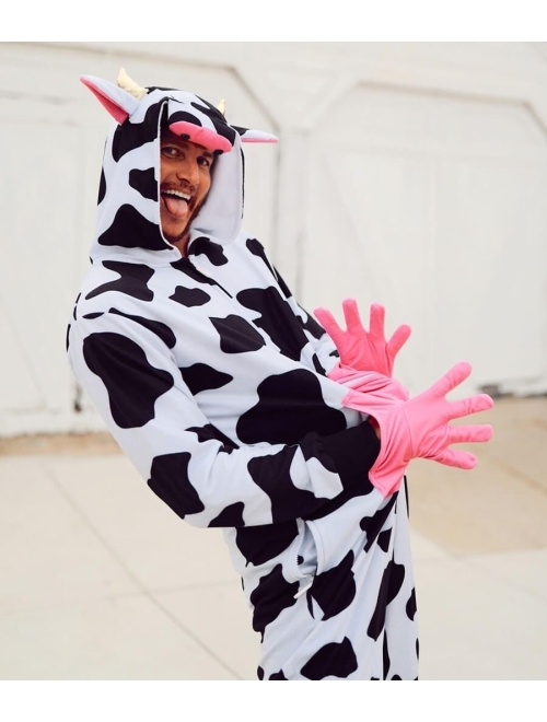 Tipsy Elves’ Black and White Men’s Cow Costume - Funny Farm Animal Halloween Jumpsuit