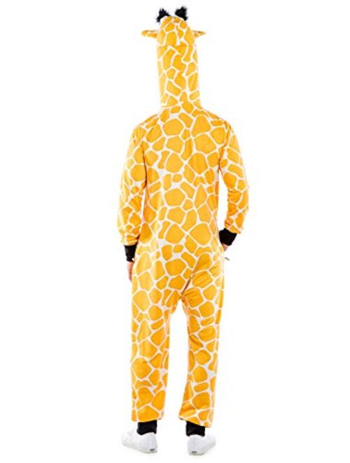 Tipsy Elves Funny Animal Halloween Giraffe Costume Jumpsuit with Stuffed Animal Style Hood for Men