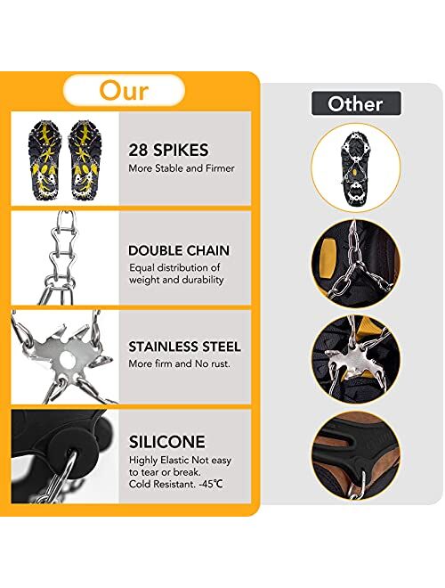 Dream28 Crampons Ice Cleats, Newest 28 Stainless Steel Spikes for Hiking Boots Shoes Anti Slip, Great Protect for Men Women Trekking Jogging Mountaineering Fishing Winter