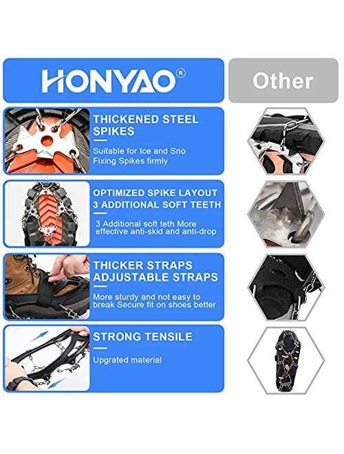 HONYAO Crampons, Ice Cleats for Shoes and Boots, Stainless Steel Anti Slip 19 Spikes Snow Grips Traction Cleats Men Women for Snowing Ice Fishing Hiking Climbing Jogging 
