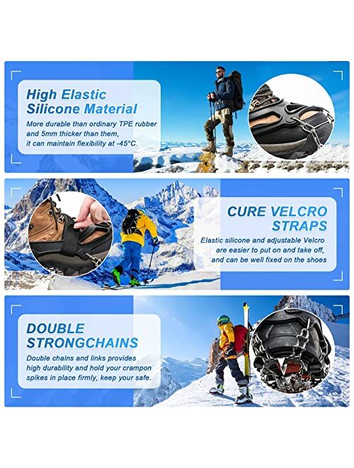 HONYAO Crampons, Ice Cleats for Shoes and Boots, Stainless Steel Anti Slip 19 Spikes Snow Grips Traction Cleats Men Women for Snowing Ice Fishing Hiking Climbing Jogging 