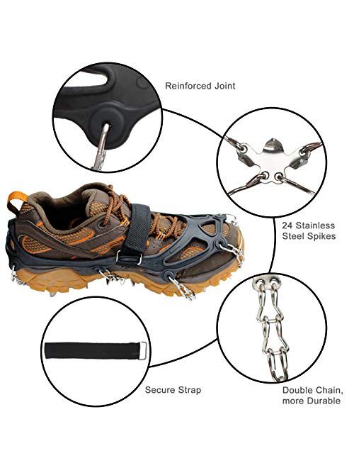 U UZOPI Traction Ice Cleat Crampons Snow Grips with 24 Anti-Slip Stainless Steel Spikes Safe Protect for Hiking Fishing Walking Climbing Jogging Mountaineering