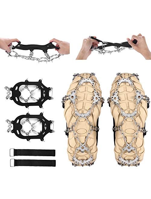 VANGAY Crampons 19 Spikes Stainless Steel Anti-Slip Ice Cleats Traction for Shoes Boots, Durable Chain, Spikes and Silicone Ice Snow Grips for Walking Climbing Jogging Hi