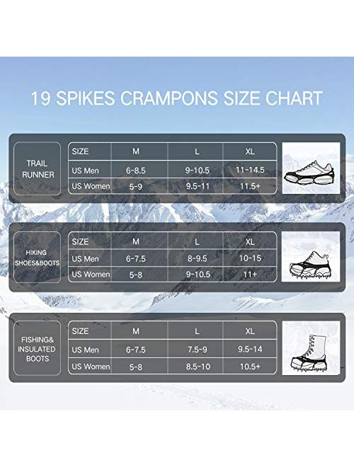 VANGAY Crampons 19 Spikes Stainless Steel Anti-Slip Ice Cleats Traction for Shoes Boots, Durable Chain, Spikes and Silicone Ice Snow Grips for Walking Climbing Jogging Hi