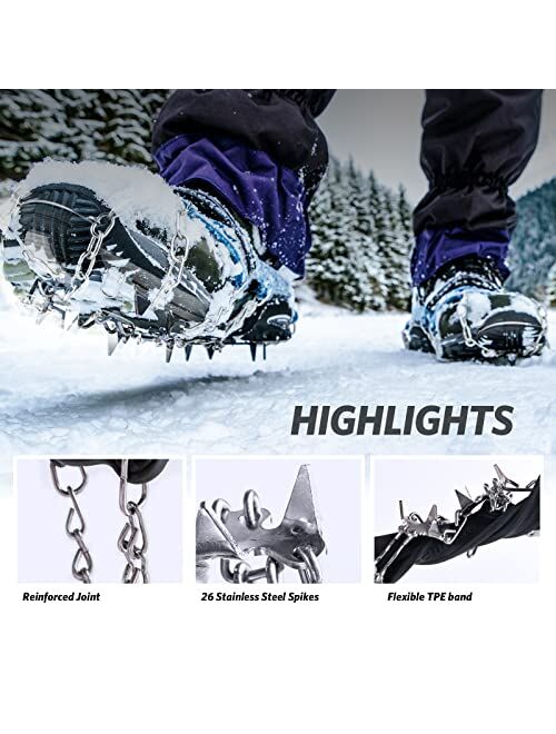 Crampons Ice Cleats, Ice Snow Grips with 26 Stainless Steel Spikes for Hiking Climbing Fishing Walking Jogging, Fit for Shoes and Boots, Men and Women