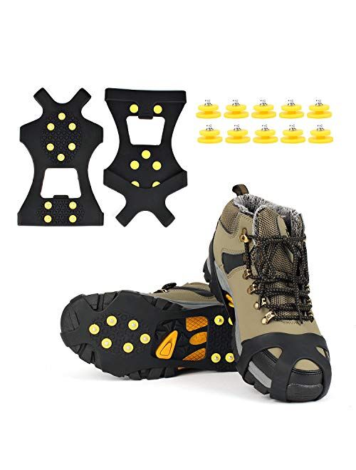 EONPOW Ice Grips, Ice & Snow Grips Cleat Over Shoe/Boot Traction Cleat Rubber Spikes Anti Slip 10 Steel Studs Crampons Slip-on Stretch Footwear