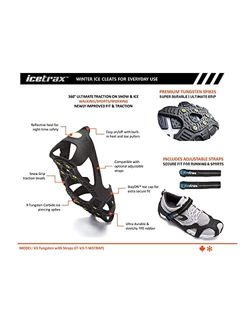 ICETRAX V3 Tungsten Ice Cleats with Straps Combo Pack, Winter Ice Grips for Shoes and Boots - Anti-Slip Grippers, StayON Toe, Reflective Heel
