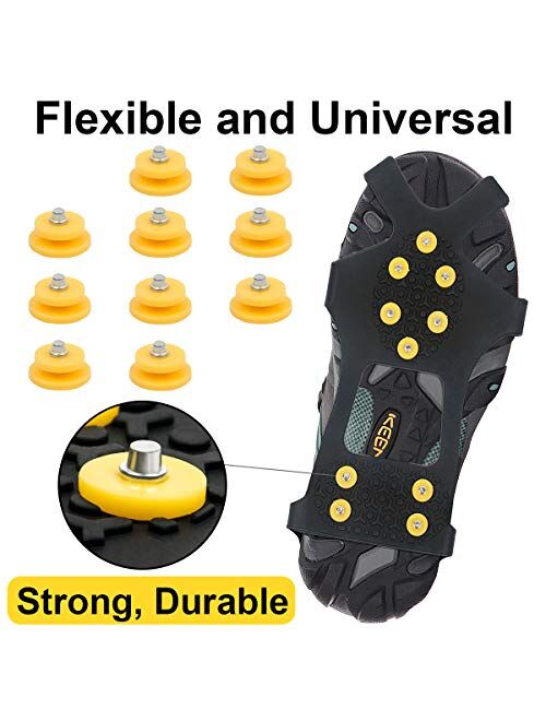 Ice Snow Grips Traction Cleats, 10 Steel Studs Anti Slip Ice Cleats Spikes Rubber Crampons for Snow Shoes and Boots Ice Walking, Ice Fishing, Hiking, Men Women Universal 