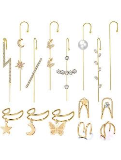 15 Pcs Ear Wrap Crawler Hook Earrings for Women - Gold Ear cuffs for Women Ear Cuff Earrings for Teen Girls - Ear Climber Earrings Clip On Cartilage Earrings