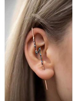 Rainbow CZ Ear Bar Earring, Edgy Bar Hook Ear Cuff, Modern Cane Ear Climber, Multicolor CZ & Rose Gold, Ear Bar Earrings, Minimalist Jewelry, 14K Gold plated earrings, 92