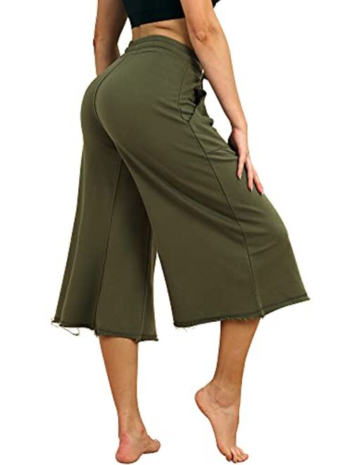 icyzone Culottes Capri Pants for Women - Elastic Waist Wide Leg Joggers Casual Lounge Cotton Sweatpants with Pockets
