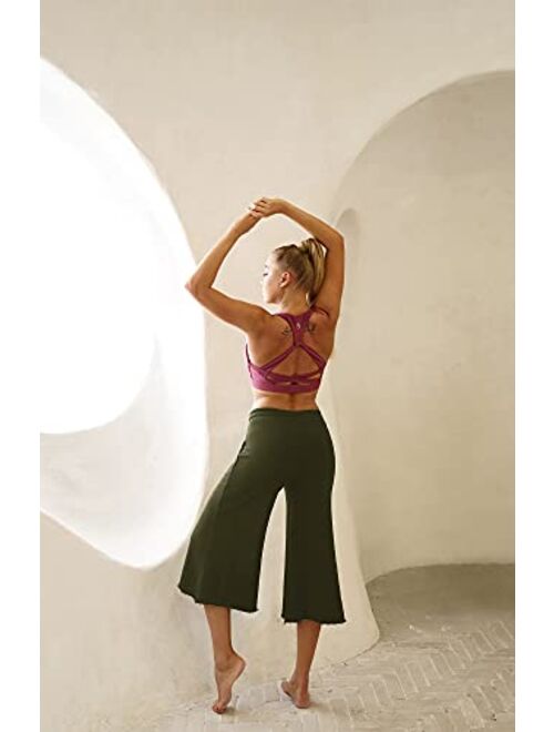 icyzone Culottes Capri Pants for Women - Elastic Waist Wide Leg Joggers Casual Lounge Cotton Sweatpants with Pockets