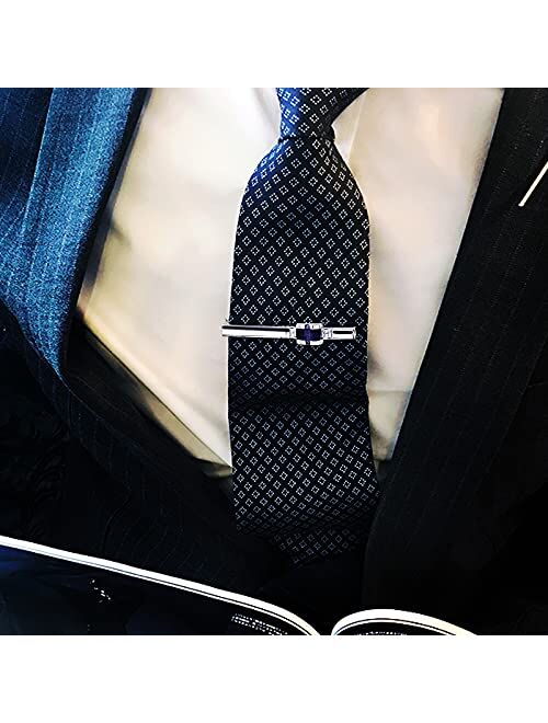 Luxury Navy Blue Cufflinks and Tie Clip for Men, Romantic Cuff-Links Necktie Bar Clips Set, Starry Star Night Stickpin Clasp Cufflink Button, Galaxy Suit Accessories Jewe