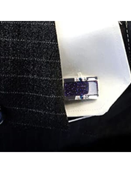 Luxury Navy Blue Cufflinks and Tie Clip for Men, Romantic Cuff-Links Necktie Bar Clips Set, Starry Star Night Stickpin Clasp Cufflink Button, Galaxy Suit Accessories Jewe