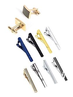 KIKSBEST 8 PCS Tie Clips Set for Men with Cufflinks Silver Gold Black Ties Bar Clip with Gift Box for Wedding Business