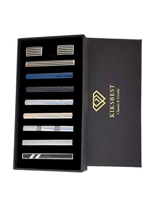 KIKSBEST 8 PCS Tie Clips Set for Men with Cufflinks Silver Gold Black Ties Bar Clip with Gift Box for Wedding Business