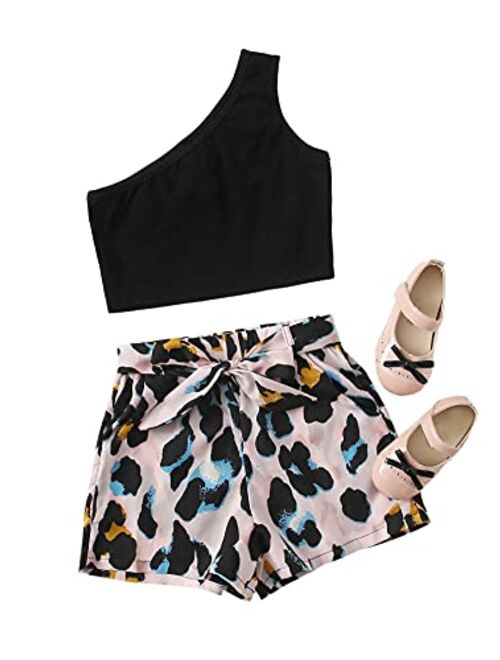 Romwe Girl's Summer 2 Piece Twist Front Crop Tops with Floral Belted Short Set