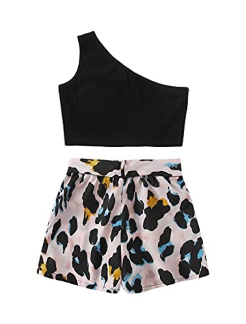 Romwe Girl's Summer 2 Piece Twist Front Crop Tops with Floral Belted Short Set