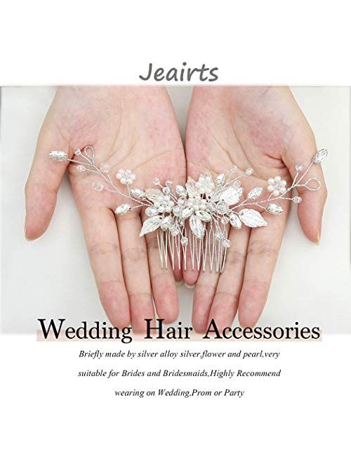 Jeairts Leaf Bride Wedding Hair Comb Rhinestone Pearl Bridal Hair Pieces Flower Wedding Headpiece for Brides Crystal Hair Accessories for Women and Girls (1-Silver)