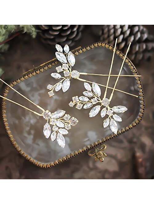 Jakawin Crystal Bride Wedding Hair Pins Silver Hair Piece Bridal Flower Hair Accessories for Women and Girls HP130 (Gold)