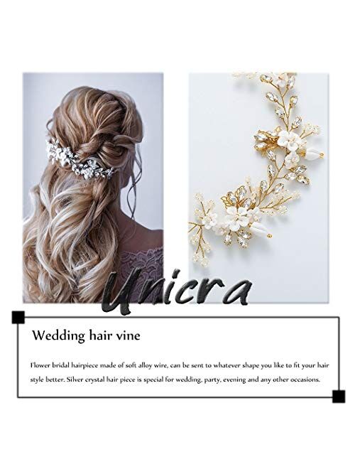 Unicra Bride Flower Wedding Hair Vine Pearls Bridal Hair Piece Crystal Hair Accessories for Women and Girls (Silver)